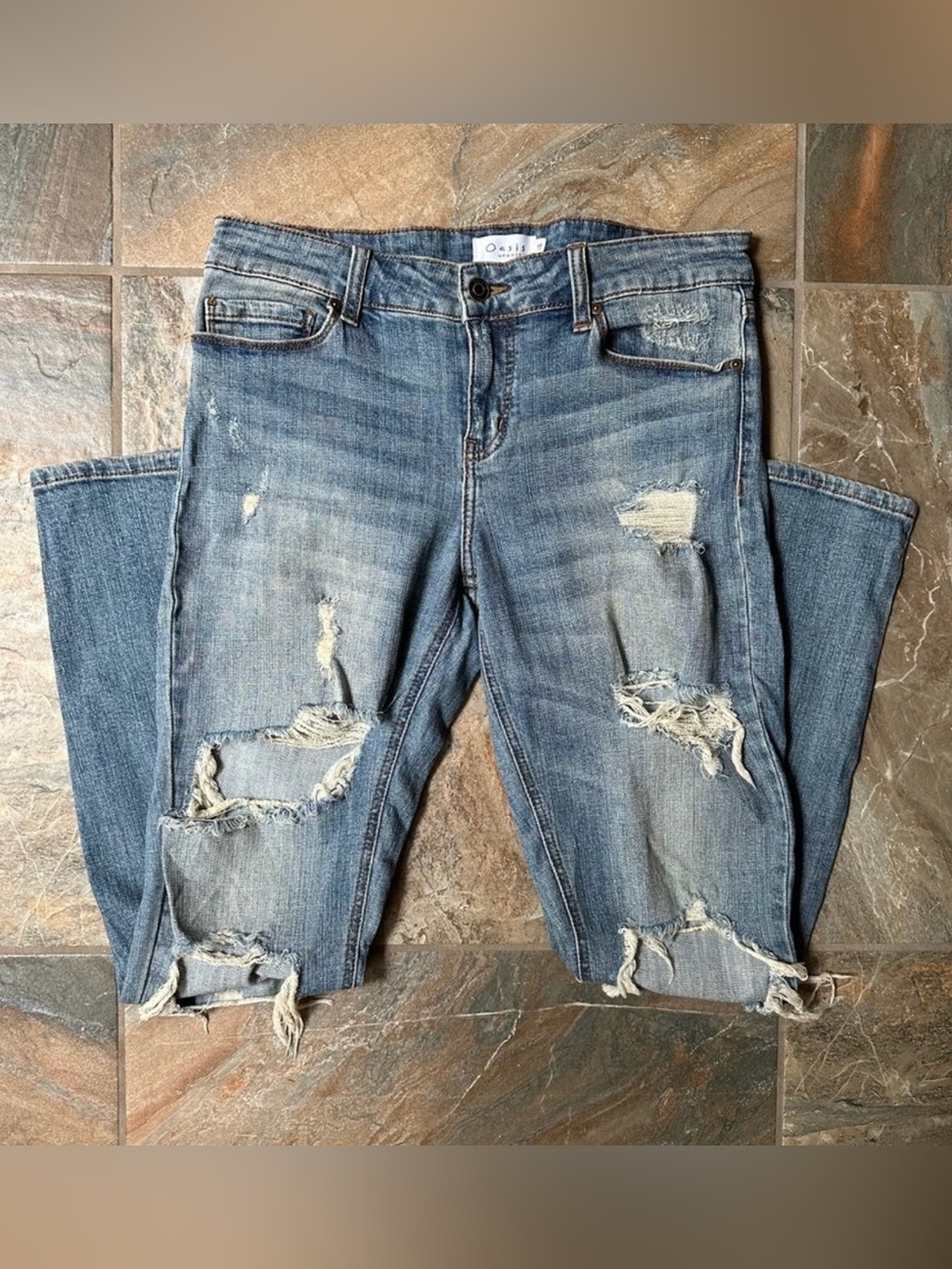 Oasis by Eunina Mid Rise Distressed Skinny Jeans Ripped Denim Junior's Size 11